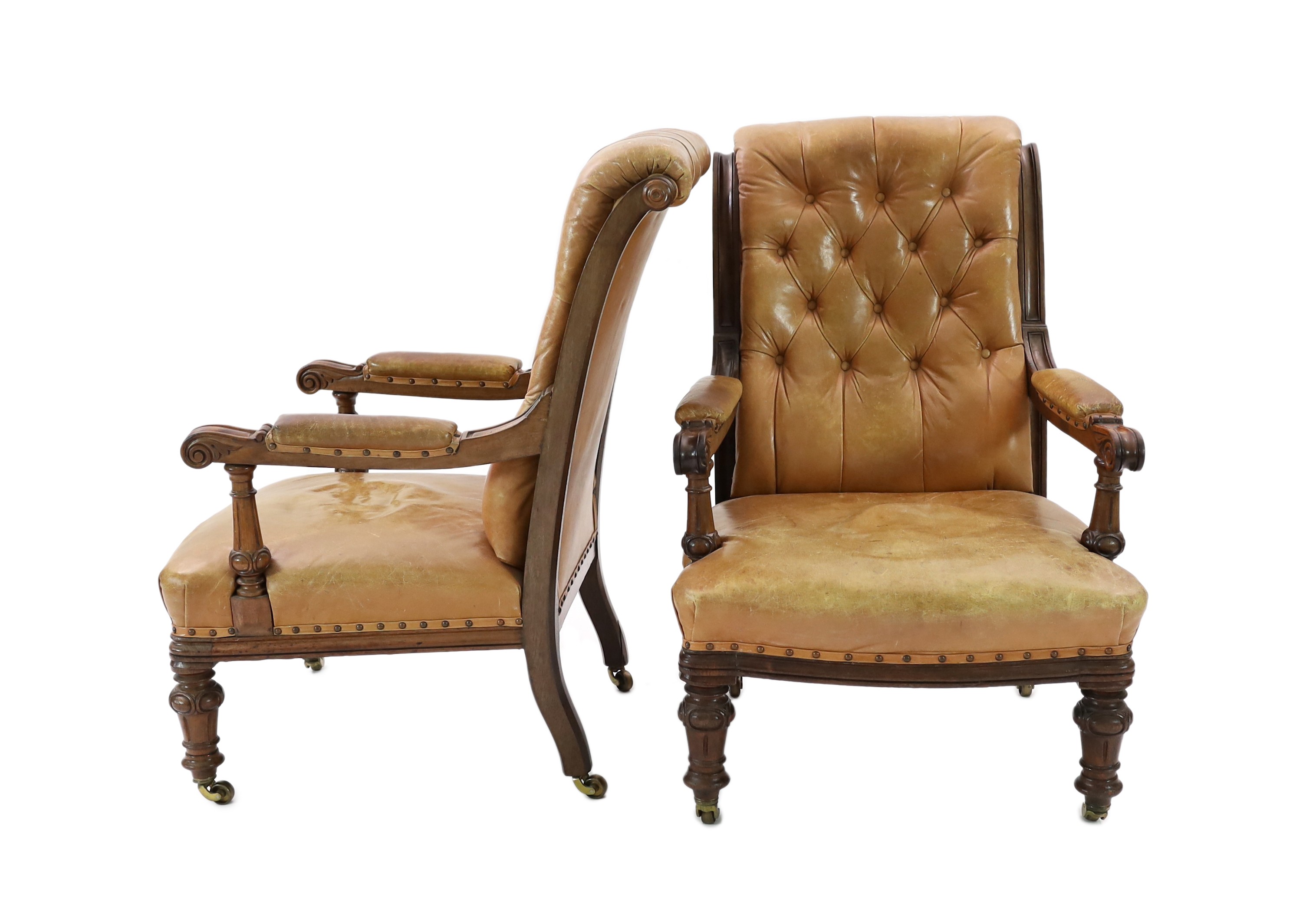 A pair of early Victorian mahogany open armchairs, W.65cm D.87cm H.100cm